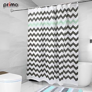 Primo ม่านห้องน้ำโพลีเอสเตอร์ ลายกราฟฟิกคาดฟ้า รุ่น DDF001-BU ขนาด 180x180 ซม. สีเทา