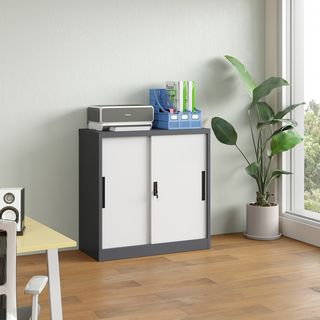 SMITH  ตู้เก็บเอกสารแบบทึบบานเลื่อน รุ่น Arlo ขนาด 40x90x90ซม. สีขาว-เทา