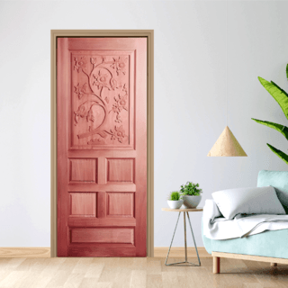 ประตูไม้สยาแดง บานทึบลูกฟักแกะลาย GC-34 90x200cm. BEST