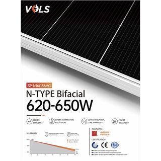 VOLS แผงโซล่าเซลล์  625W MONOCRYSTALLINE รุ่น SP-N16/156HG  N-Type Bifacila 2,465 X 1,134 X 30mm สีดำ