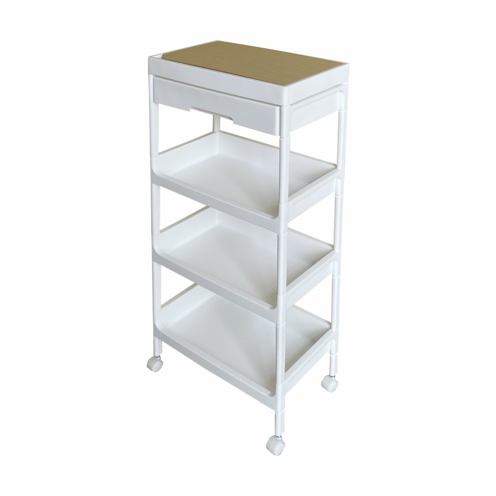GOME ชั้นวางพลาสติกท็อปไม้ 4 ชั้น พร้อมถาดลิ้นชัก รุ่น GD915WH ขนาด 40X26X91.5 CM. สีขาว