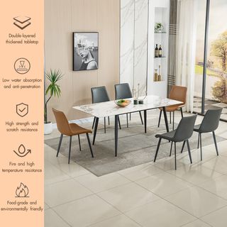 (1/4)DELICATO ชุดโต๊ะอาหารท็อปลายหินอ่อน 6 ที่นั่ง รุ่น Maru-180 ขนาดโต๊ะ 90x180x75 ซม. ขนาดเก้าอี้ 51x58x83 ซม. สีขาว