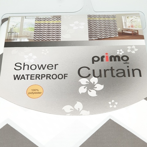 Primo ม่านห้องน้ำโพลีเอสเตอร์ ลายกราฟฟิกคาดเหลือง รุ่น DDF001-YL ขนาด 180x180 ซม. สีเทา