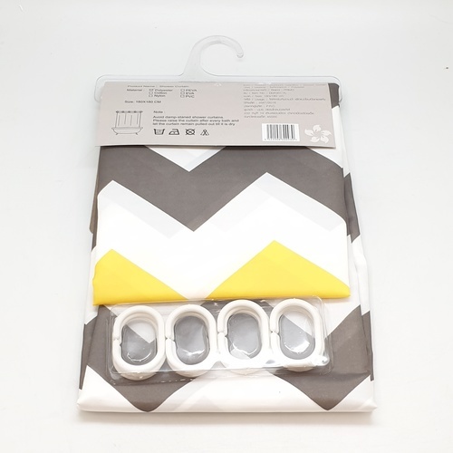 Primo ม่านห้องน้ำโพลีเอสเตอร์ ลายกราฟฟิกคาดเหลือง รุ่น DDF001-YL ขนาด 180x180 ซม. สีเทา