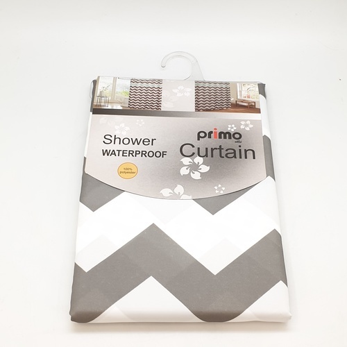 Primo ม่านห้องน้ำโพลีเอสเตอร์ ลายกราฟฟิกคาดฟ้า รุ่น DDF001-BU ขนาด 180x180 ซม. สีเทา