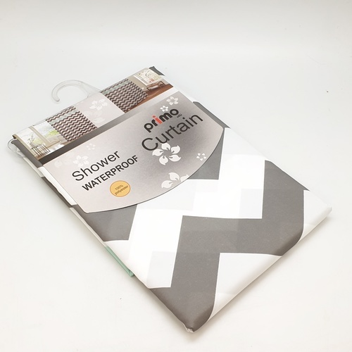 Primo ม่านห้องน้ำโพลีเอสเตอร์ ลายกราฟฟิกคาดฟ้า รุ่น DDF001-BU ขนาด 180x180 ซม. สีเทา