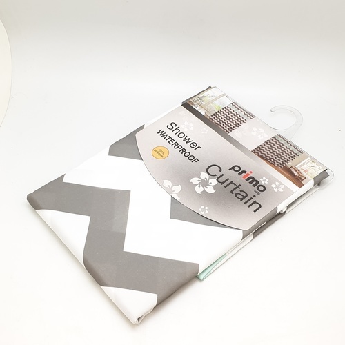 Primo ม่านห้องน้ำโพลีเอสเตอร์ ลายกราฟฟิกคาดฟ้า รุ่น DDF001-BU ขนาด 180x180 ซม. สีเทา