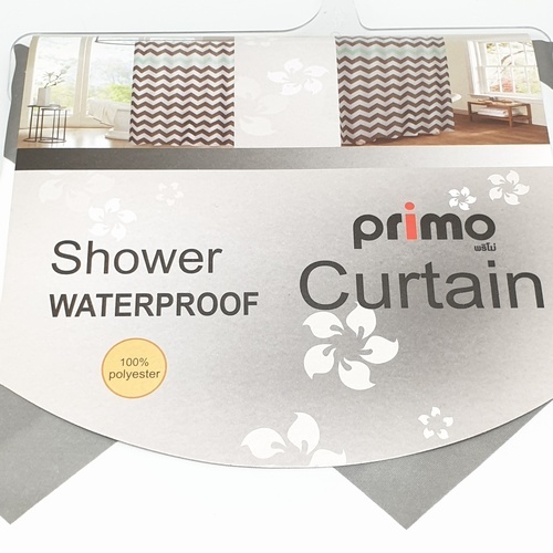 Primo ม่านห้องน้ำโพลีเอสเตอร์ ลายกราฟฟิกคาดฟ้า รุ่น DDF001-BU ขนาด 180x180 ซม. สีเทา