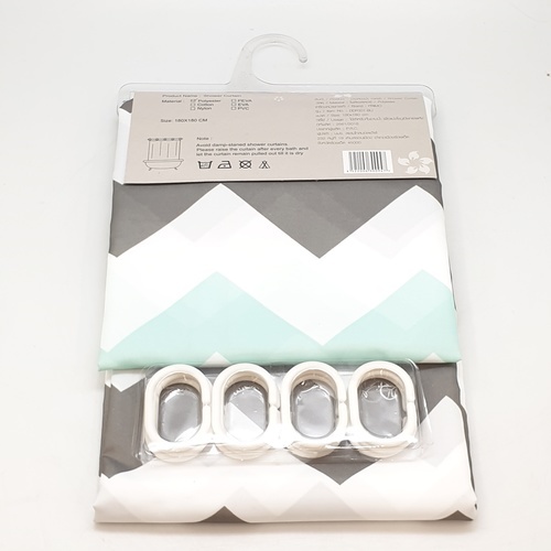 Primo ม่านห้องน้ำโพลีเอสเตอร์ ลายกราฟฟิกคาดฟ้า รุ่น DDF001-BU ขนาด 180x180 ซม. สีเทา