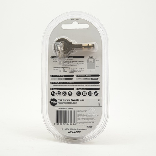 YALE กุญแจคล้องทองเหลือง ขนาด 45 มม.ห่วงสั้น รุ่น Y117D/45/127/1 สีทองเหลือง