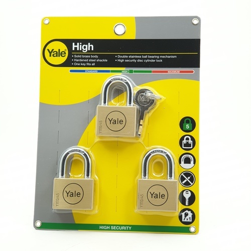 YALE กุญแจคล้องทองเหลืองระบบคีย์อะไลค์ ขนาด 45 มม.ห่วงสั้น แพ็ค 3 รุ่น Y117D/45/127/3 สีทองเหลือง