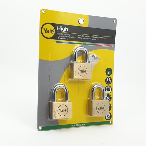 YALE กุญแจคล้องทองเหลืองระบบคีย์อะไลค์ ขนาด 45 มม.ห่วงสั้น แพ็ค 3 รุ่น Y117D/45/127/3 สีทองเหลือง