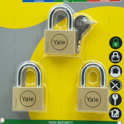 YALE กุญแจคล้องทองเหลืองระบบคีย์อะไลค์ ขนาด 45 มม.ห่วงสั้น แพ็ค 3 รุ่น Y117D/45/127/3 สีทองเหลือง