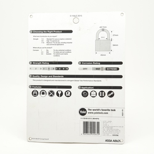 YALE กุญแจคล้องทองเหลืองระบบคีย์อะไลค์ ขนาด 45 มม.ห่วงสั้น แพ็ค 3 รุ่น Y117D/45/127/3 สีทองเหลือง