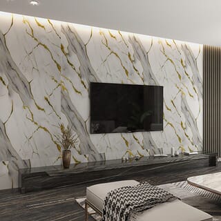 GREAT WOOD บอร์ด SPC ลายหินอ่อนเคลือบ UV รุ่นJF122025-UV-LJ80001T Size122x244x0.25cm. ลายขาวริ้วทอง