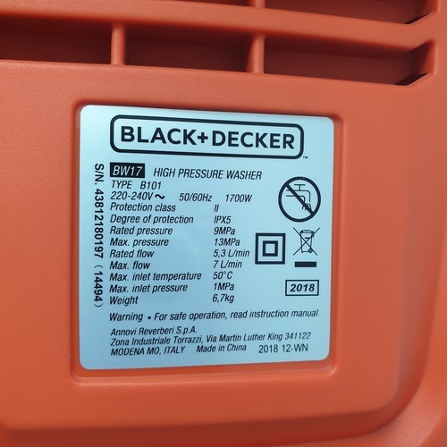 BLACK+DECKER เครื่องฉีดน้ำแรงดันสูง 130 บาร์ 1700W รุ่น BW17PR-B1