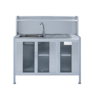 CLOSE ตู้ตั้งพื้นอลูมิเนียมพร้อมซิงค์ 1 หลุมมีที่พักแถมก๊อก SENSE-Z120 ขนาด 120x53x121 ซม. สีเงิน