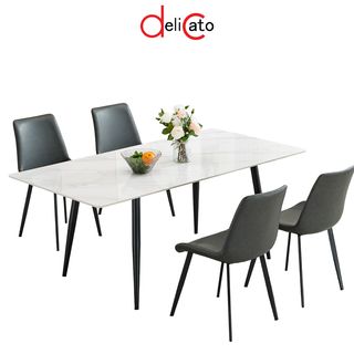 (1/3)DELICATO ชุดโต๊ะอาหารท็อปลายหินอ่อน 4ที่นั่ง รุ่น Maru-160 ขนาดโต๊ะ 90x160x75 ซม. ขนาดเก้าอี้ 51x58x83 ซม. สีขาว