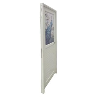 WELLINGTAN ประตู UPVC กระจกสกรีนลายนกยูงพร้อมวงกบและบานพับ รุ่นJM-064 ขนาด 70x200ซม. สีขาว (เจาะลูกบิด)