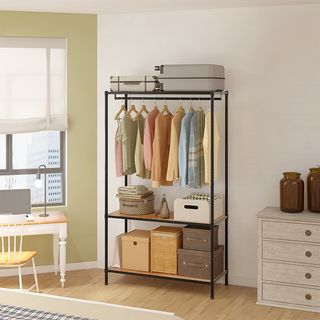 HAWDD ราวแขวนตั้งพื้นพร้อมชั้นวางของพื้นไม้ รุ่น Veeva ขนาด 45x90x180ซม.สีเทา