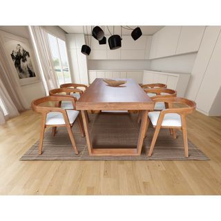 ชุดโต๊ะอาหารไม้สักแท้ รุ่นคางหมูเก้าอี้หลังโค้ง 6 ที่นั่ง ขนาด 200x90x80ซม. สีสักทอง สไตล์มินิมอล