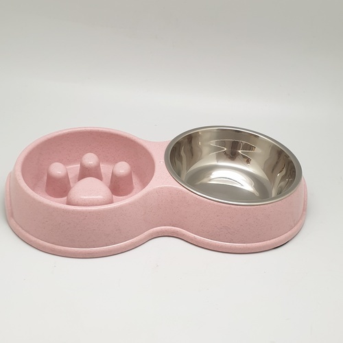 ชามคู่แบบทานช้าและสเตนเลส  รุ่น BP021 ขนาด 17×30.5×5ซม. สีชมพู  DUDUPETS