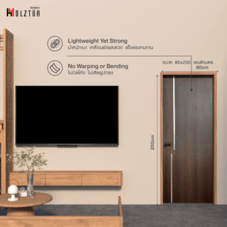 HOLZTUR ประตูปิดผิวเมลามีนเซาะร่องอลูมิเนียม CF2502-1 ขนาด80x200ซม. สี Dark Brown