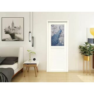 WELLINGTAN ประตูยูพีวีซีกระจกสกรีนลายนกยูงพร้อมวงกบและบานพับ รุ่นJM-064 ขนาด 70x200ซม. สีขาว (เจาะลูกบิด)