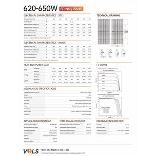VOLS แผงโซล่าเซลล์  625W MONOCRYSTALLINE รุ่น SP-N16/156HG  N-Type Bifacila 2,465 X 1,134 X 30mm สีดำ