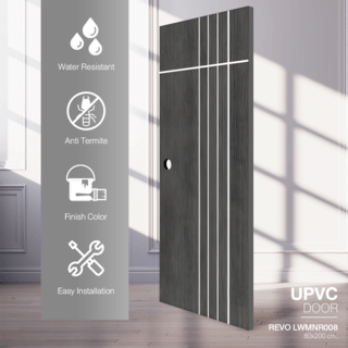 WELLINGTAN ประตู UPVC รุ่น  WT008L (สำหรับใช้ภายใน) เซาะร่องขาว ขนาด 80x200 ซม. สีเกรย์(เจาะลูกบิด)
