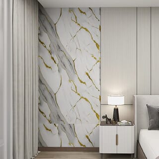 GREAT WOOD บอร์ด SPC ลายหินอ่อนเคลือบ UV รุ่นJF122025-UV-LJ80001T Size122x244x0.25cm. ลายขาวริ้วทอง