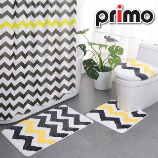 Primo ม่านห้องน้ำโพลีเอสเตอร์ ลายกราฟฟิกคาดเหลือง รุ่น DDF001-YL ขนาด 180x180 ซม. สีเทา