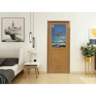 WELLINGTAN ประตู UPVC กระจกสกรีนลายทะเลพร้อมวงกบและบานพับ รุ่นJM-067 ขนาด 70x200ซม. สีน้ำตาล (เจาะลูกบิด)