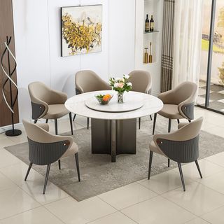 (1/6)DELICATO ชุดโต๊ะอาหารท็อปลายหินอ่อน 6 ที่นั่ง รุ่น Marblezen ขนาดโต๊ะทรงกลม 135 ซม. ขนาดเก้าอี้ 59x65x83 ซม. สีขาว