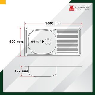 ADVANCED อ่างล้างจาน 1 หลุมมีที่พัก พร้อมสะดือ B ท่อน้ำทิ้งแบบย่น 100x50x17.2 ซม. SKA9 100 MB