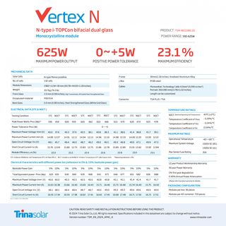 Trina แผงโซล่าเซลล์  625W MONOCRYSTALLINE รุ่น TSM-NEG19RC.20 N-Type Bifacila  สีดำ