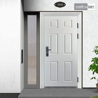 WELLINGTAN ประตูไฟเบอร์กลาส รุ่น P06-K01 80x200 ซม.  สีขาวลายโอ๊ค  (เจาะลูกบิด)
