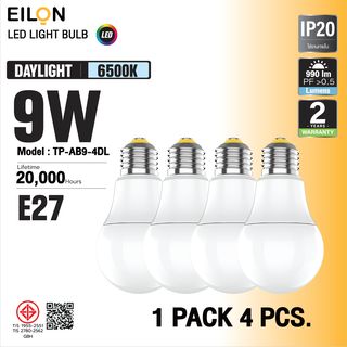EILON หลอด LED 9W 990lm 6500K E27  รุ่นTP-AB9-4DL แสงเดย์ไลท์  (แพ็ค 4 ชิ้น) 