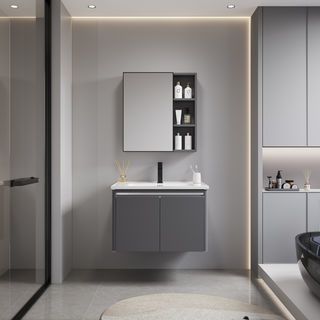 Verno ชุดเคาน์เตอร์อ่างล้างหน้าอะลูมิเนียม พร้อมตู้กระจก 61x47x48 cm. รุ่น กลาเซอร์ 8813-6 สีเทา  (½)