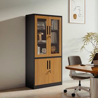 SMITH  ตู้เก็บเอกสารแบบกระจกและทึบบานเปิด รุ่น Archie-02 ขนาด 40x90x185ซม.  สีไม้-ดำ