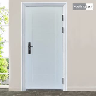 WELLINGTAN ประตูไฟเบอร์กลาส รุ่น P00-K06  80x200ซม. สีขาวลายโอ๊ค  (เจาะลูกบิด+เดทโบลท์)