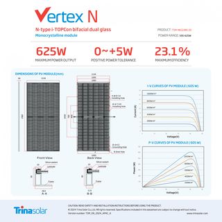 Trina แผงโซล่าเซลล์  625W MONOCRYSTALLINE รุ่น TSM-NEG19RC.20 N-Type Bifacila  สีดำ