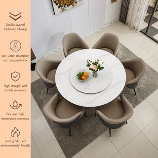 (1/6)DELICATO ชุดโต๊ะอาหารท็อปลายหินอ่อน 6 ที่นั่ง รุ่น Marblezen ขนาดโต๊ะทรงกลม 135 ซม. ขนาดเก้าอี้ 59x65x83 ซม. สีขาว