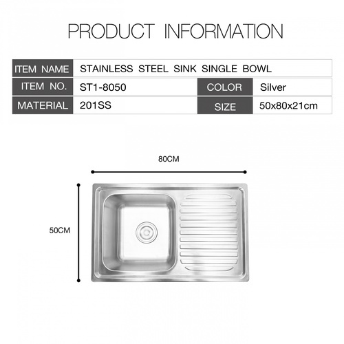CROWN อ่างล้างจานขอบฝัง 1หลุมมีที่พัก 80x50x21 ซม. ST1-8050