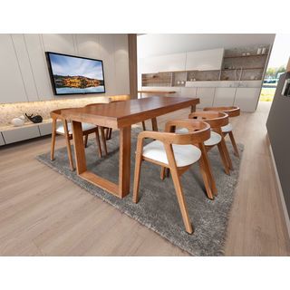 ชุดโต๊ะอาหารไม้สักแท้ รุ่นคางหมูเก้าอี้หลังโค้ง 6 ที่นั่ง ขนาด 200x90x80ซม. สีสักทอง สไตล์มินิมอล