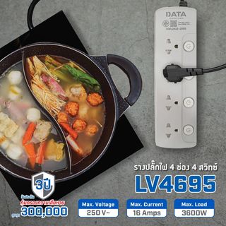 DATA รางปลั๊กไฟ 4 ช่อง 4 สวิตซ์ 16A 3M. รุ่น LV4695 สีเทา
