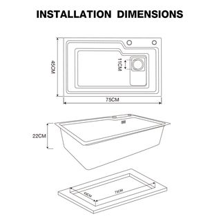 KOCH KITCHEN อ่างล้างจาน 1 หลุมไม่มีที่พัก SS304 75x45x22 ซม. MATINA สีดำพรีเมี่ยม