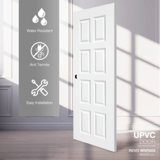 WELLINGTAN ประตู uPVC ใช้สำหรับภายนอก ผิว Revo รุ่น WNR003 บานทึบ 8 ฟัก ขนาด 90x200 ซม. สีขาว (เจาะลูกบิด)