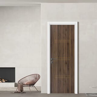 WELLINGTAN ประตูภายนอก UPVC บานทึบเซาะร่อง รุ่น UPVC-WEFU18-4 ขนาด 80x200ซม. สีวอลนัท (เจาะลูกบิด)