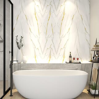 GREAT WOOD บอร์ด SPC ลายหินอ่อนเคลือบ UV รุ่นJF122025-UV-LJ80005T Size122x244x0.25cm. ลายริ้วทองหินอ่อน